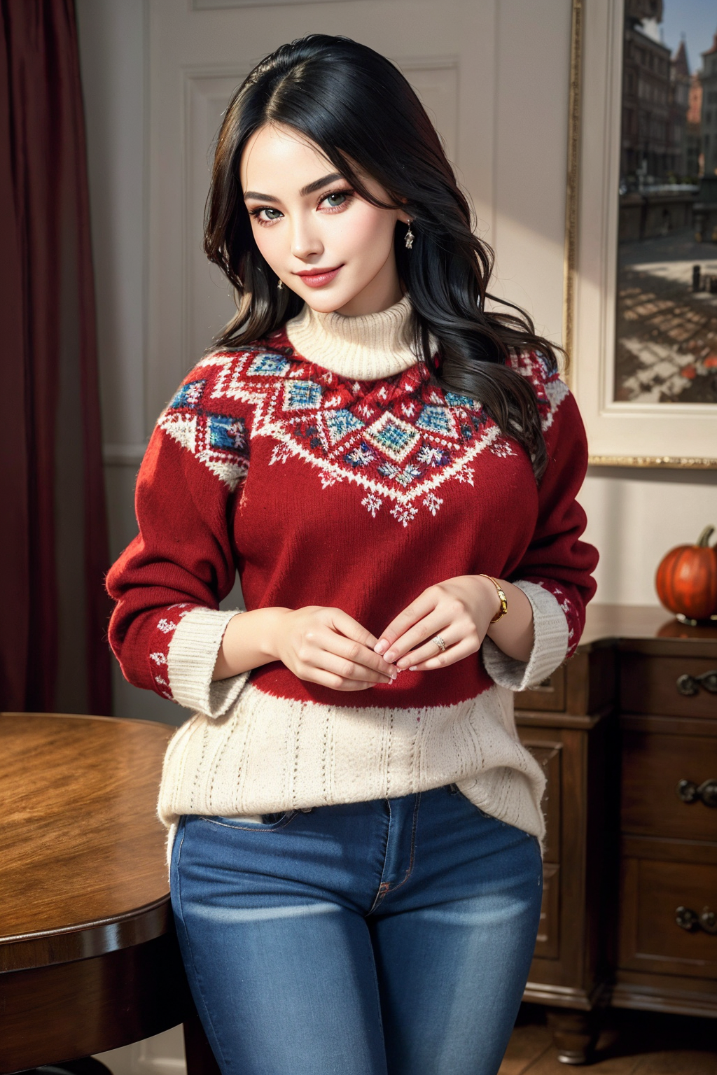 03116-3374464014-((Masterpiece, best quality,edgQuality)), smug,smirk,standing,posing for a picture_edgPO, a woman wearing a red sweater and jean.png